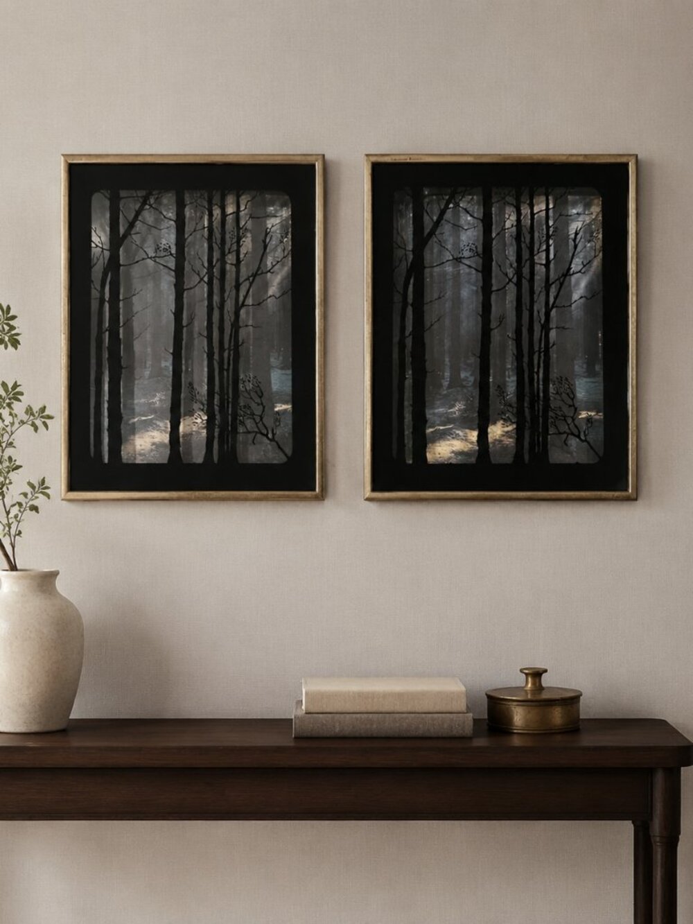 Art work tree shadow gold frame (2) set glass EUC